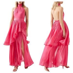 Aje Sienna Maxi Dress US 12 AU 16 Berry Pink Silk Linen Halter Hi-Low Slit